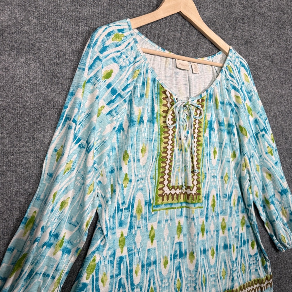 Chico's 4 US XXL Boho Peasant Top Blouse Blue Cotton Abstract Print Lace Up Tie - Picture 4 of 8
